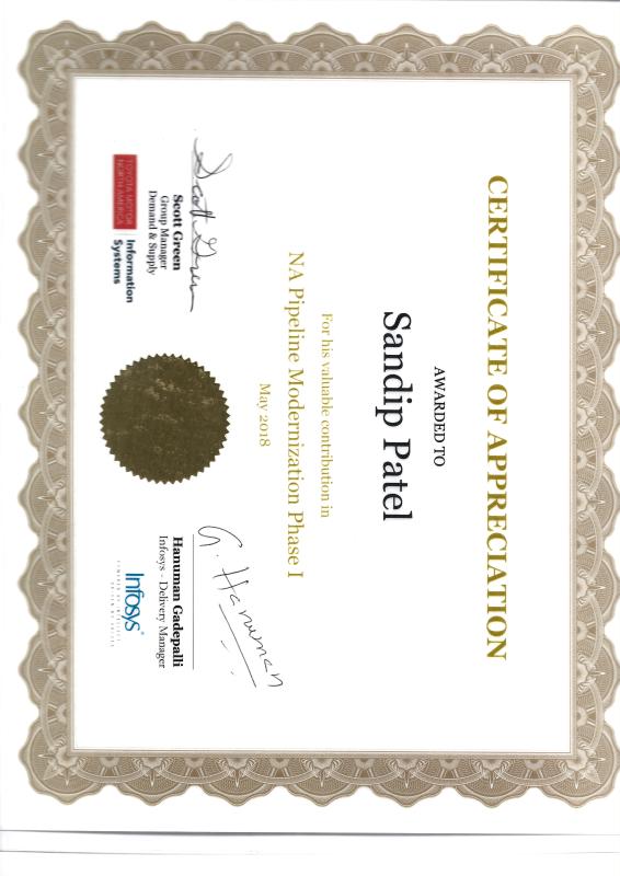 Certificate of Appreciation from Toyota Motor North America and Infosys